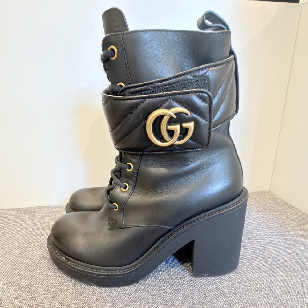 Gucci Black Leather Platform Lace-Up Ankle Boots with Gold Double G